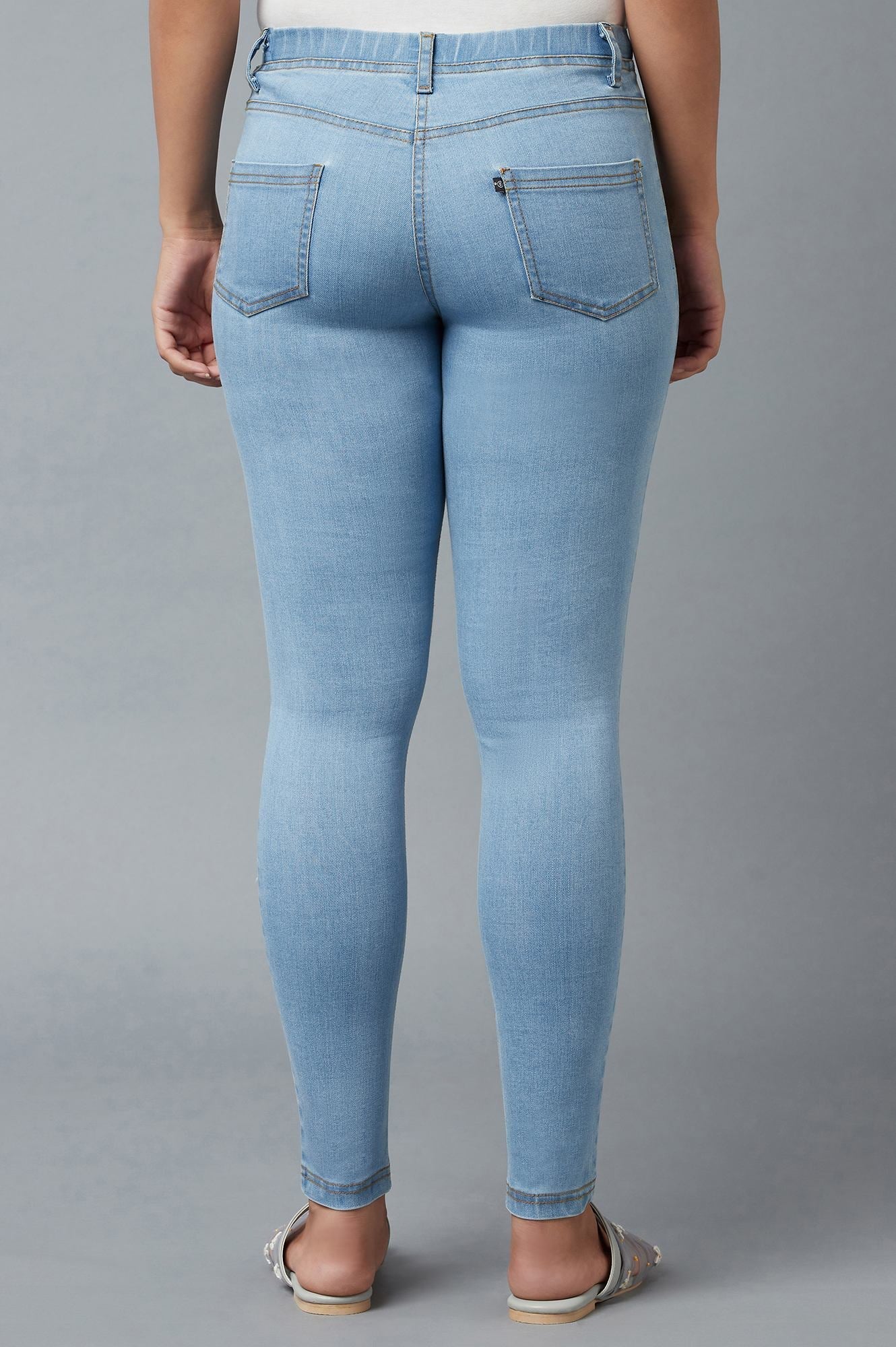 Ice Blue Solid Skinny-fit Denim Jeggings with Elasticated Waist