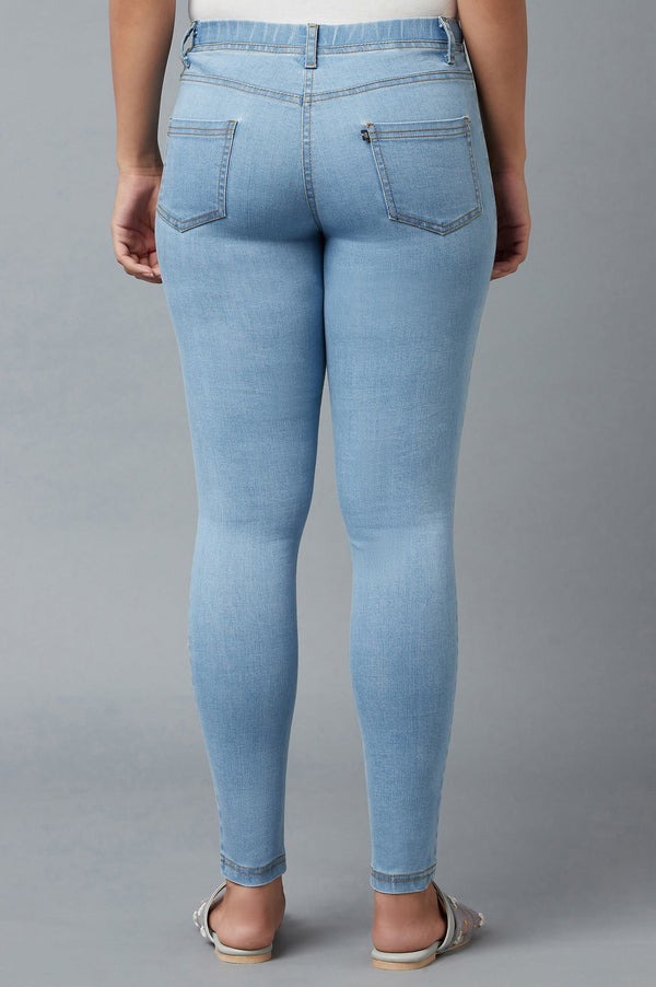 Ice Blue Solid Skinny-fit Denim Jeggings with Elasticated Waist