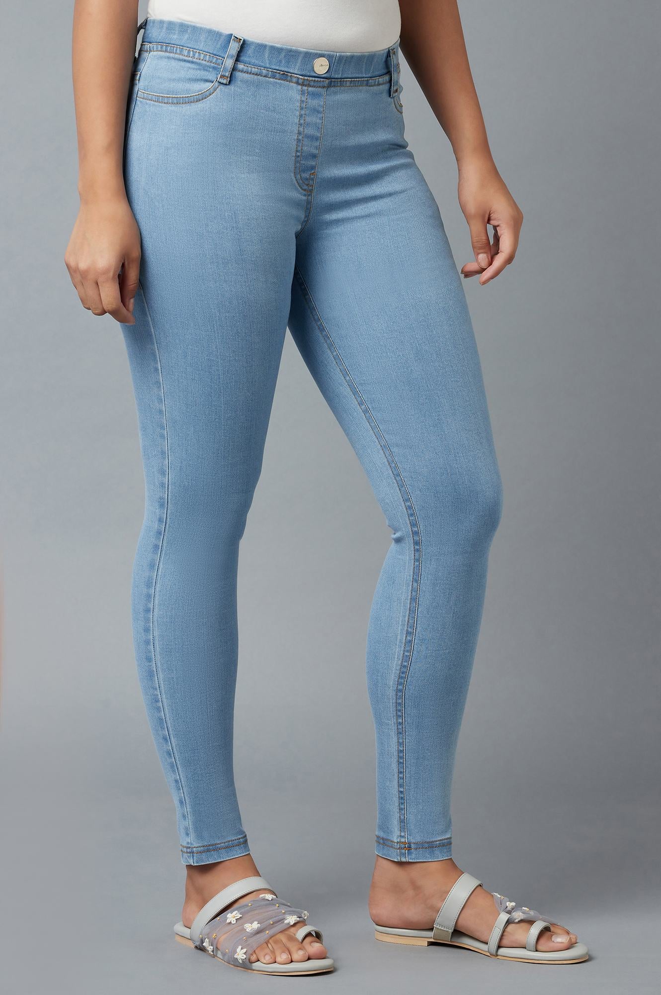 Ice Blue Solid Skinny-fit Denim Jeggings with Elasticated Waist