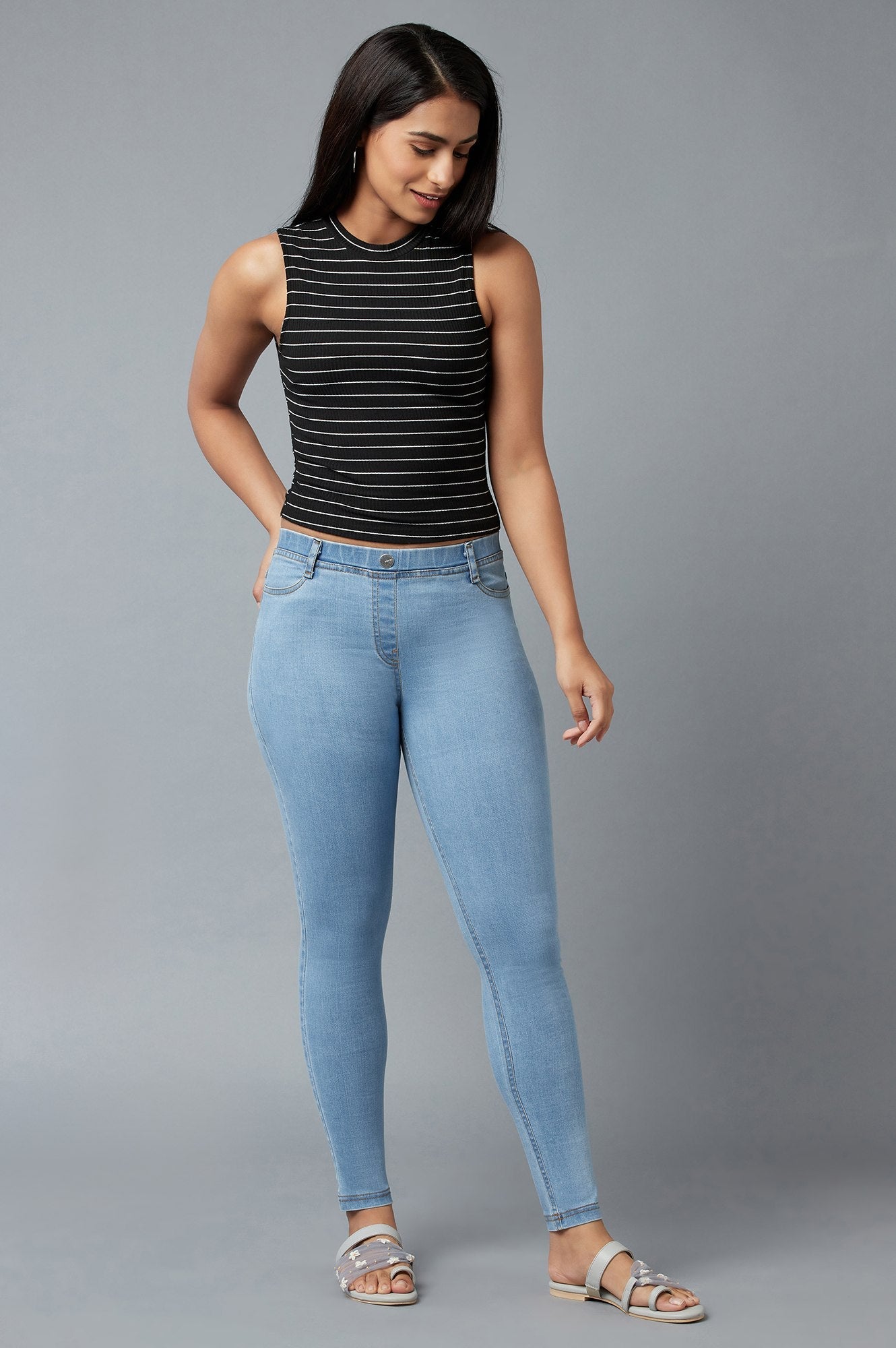 Ice Blue Solid Skinny-fit Denim Jeggings with Elasticated Waist