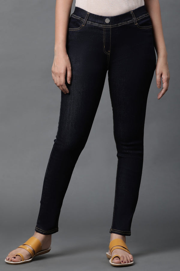 Mid Blue Solid Skinny Fit Denim Jeggings with Elasticated Waistband