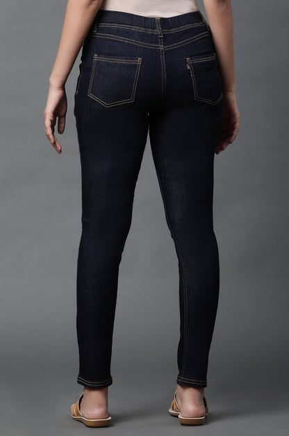 Mid Blue Solid Skinny Fit Denim Jeggings with Elasticated Waistband