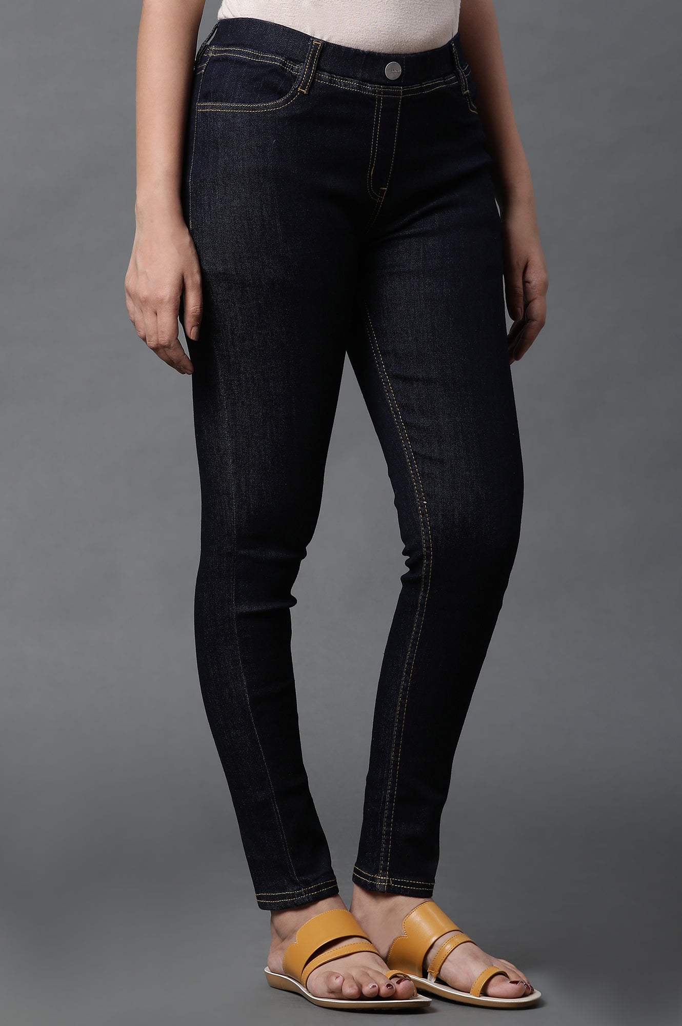 Mid Blue Solid Skinny Fit Denim Jeggings with Elasticated Waistband