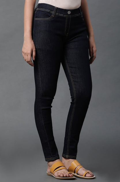 Mid Blue Solid Skinny Fit Denim Jeggings with Elasticated Waistband