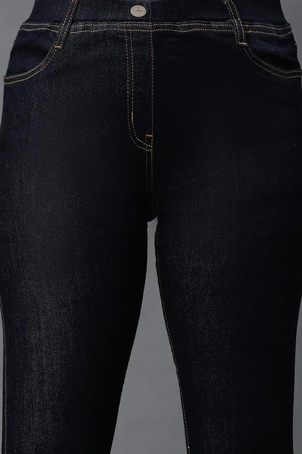 Mid Blue Solid Skinny Fit Denim Jeggings with Elasticated Waistband