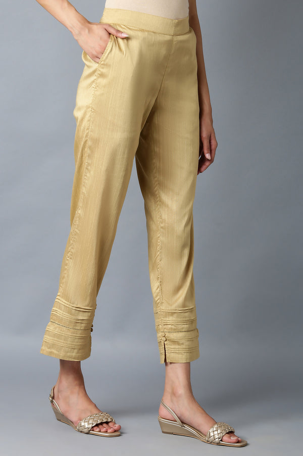 Elleven Women's Gold Solid Straight Fit Ankle Length Mid Rise Trousers