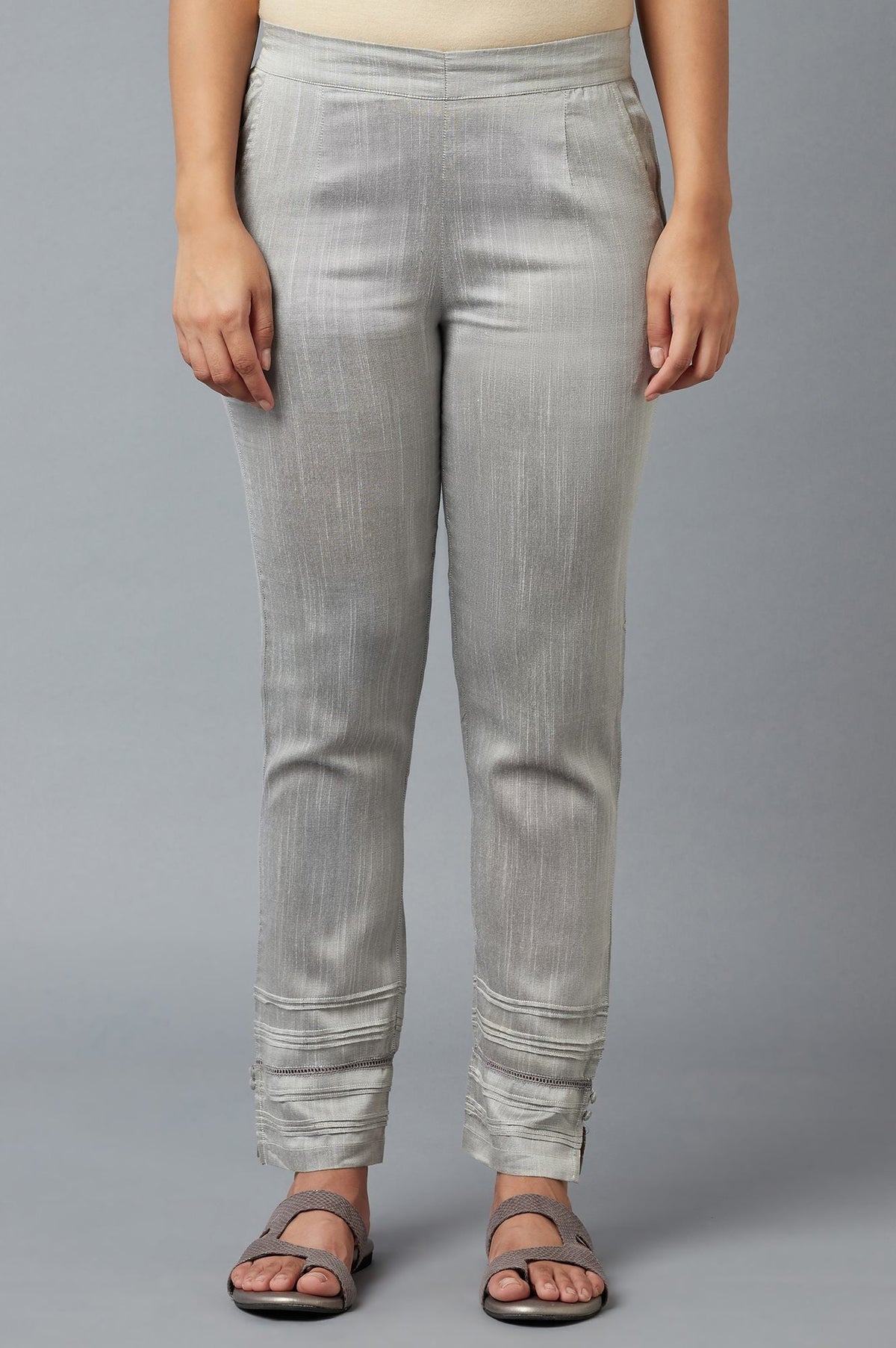Elleven Women's Grey Solid Straight Fit Trousers With Elasticated Waistband - M
