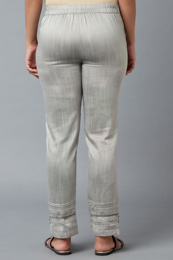 Grey Solid Straight Fit Trousers With Elasticated Waistband