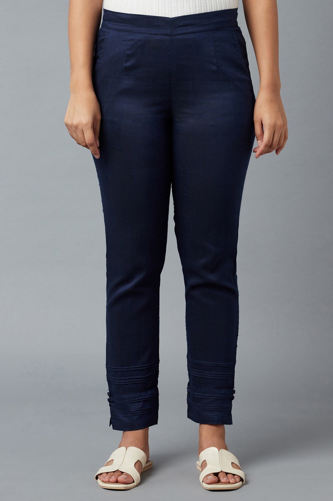 Navy Blue Solid Straight Fit Trousers With Elasticated Waist