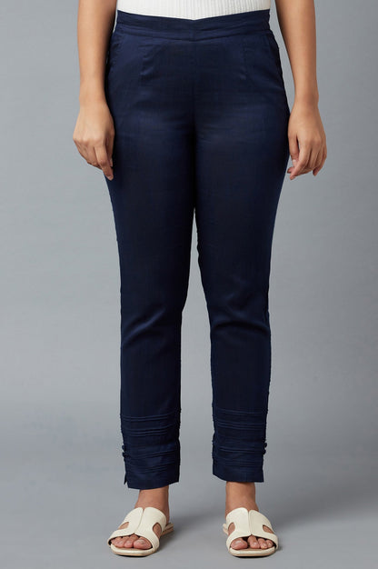 Navy Blue Solid Straight Fit Trousers With Elasticated Waist