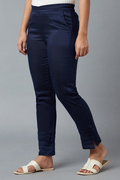 Navy Blue Solid Straight Fit Trousers With Elasticated Waist