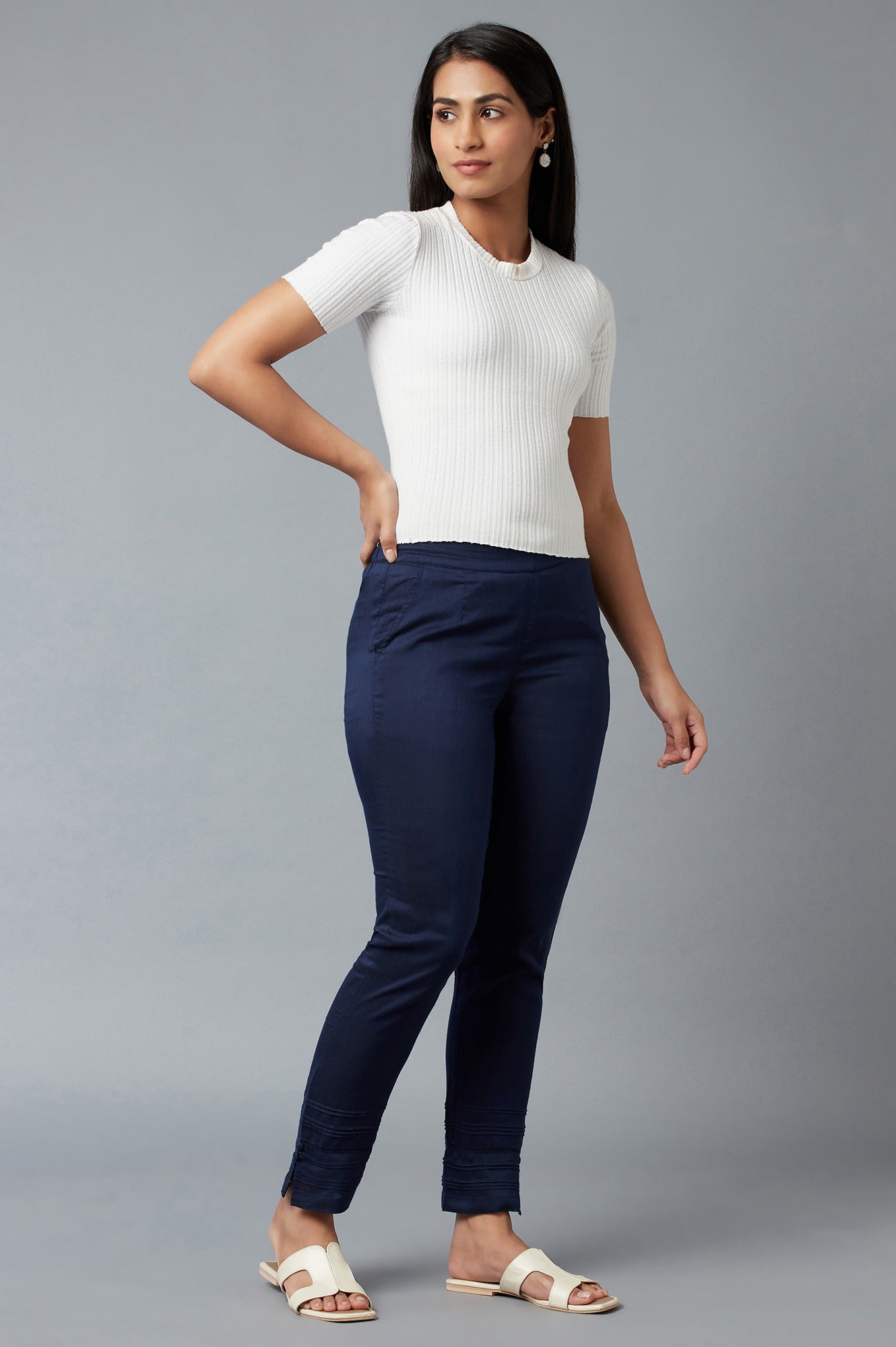 Navy Blue Solid Straight Fit Trousers With Elasticated Waist