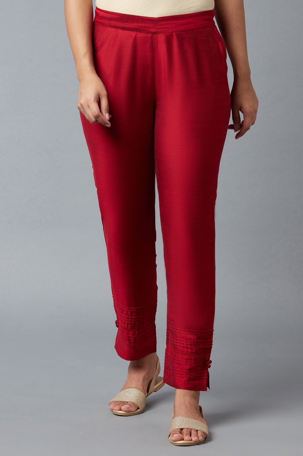 Elleven Women's Red Solid Straight Fit Trousers With Elasticated Waist