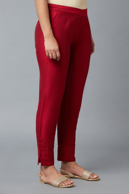 Red Solid Straight Fit Trousers With Elasticated Waist