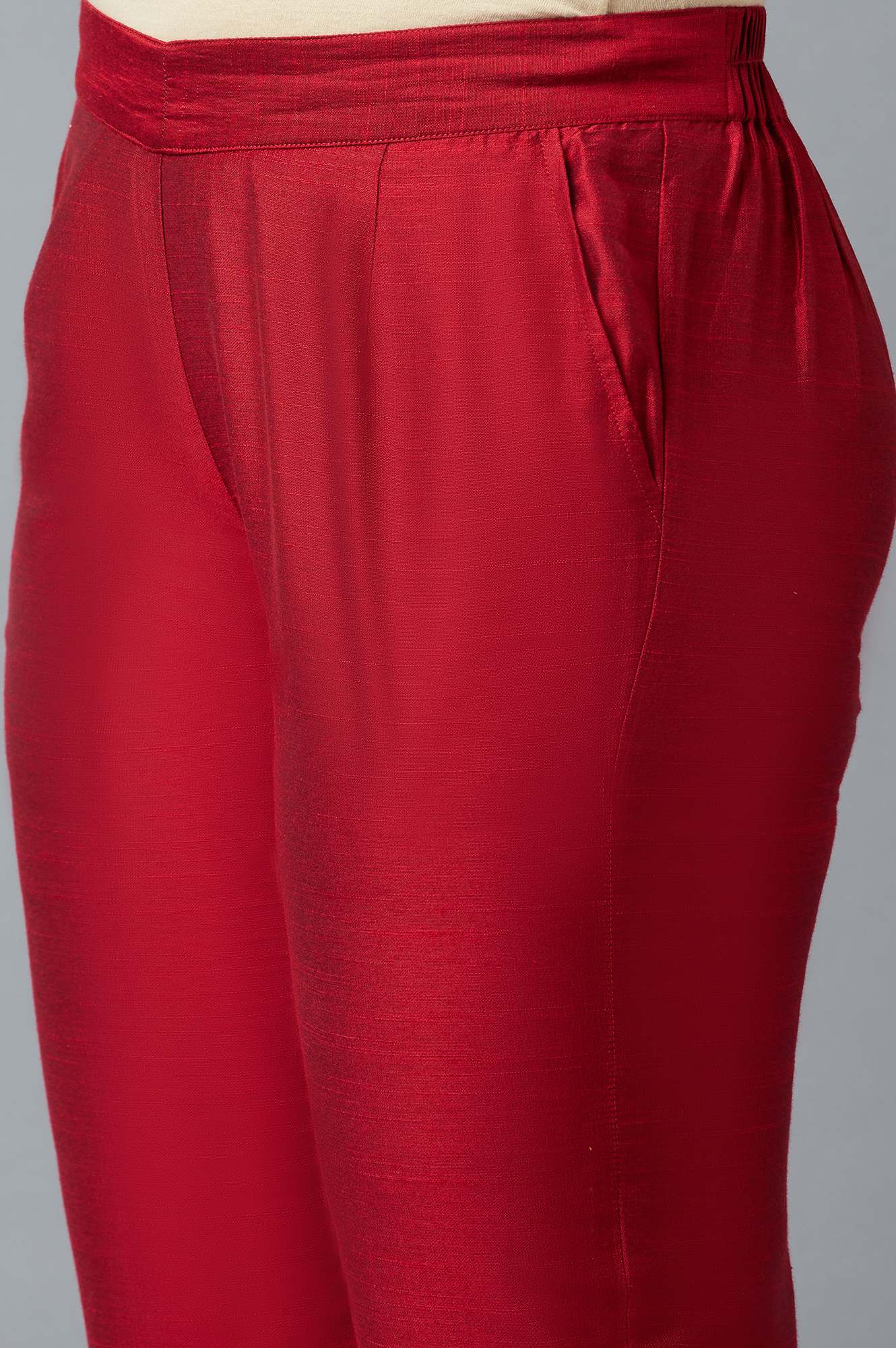 Red Solid Straight Fit Trousers With Elasticated Waist