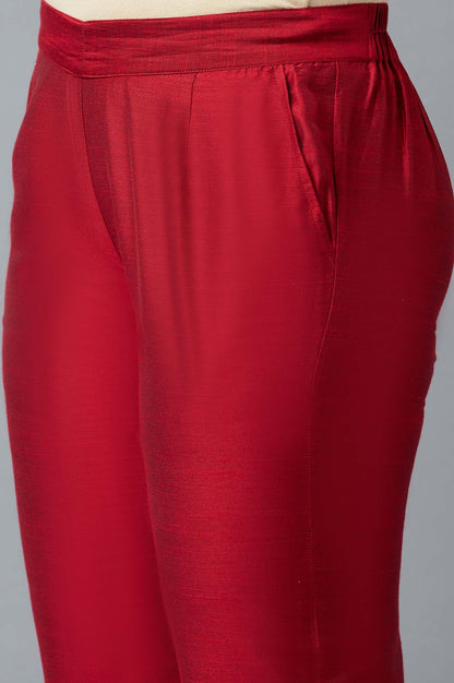Red Solid Straight Fit Trousers With Elasticated Waist