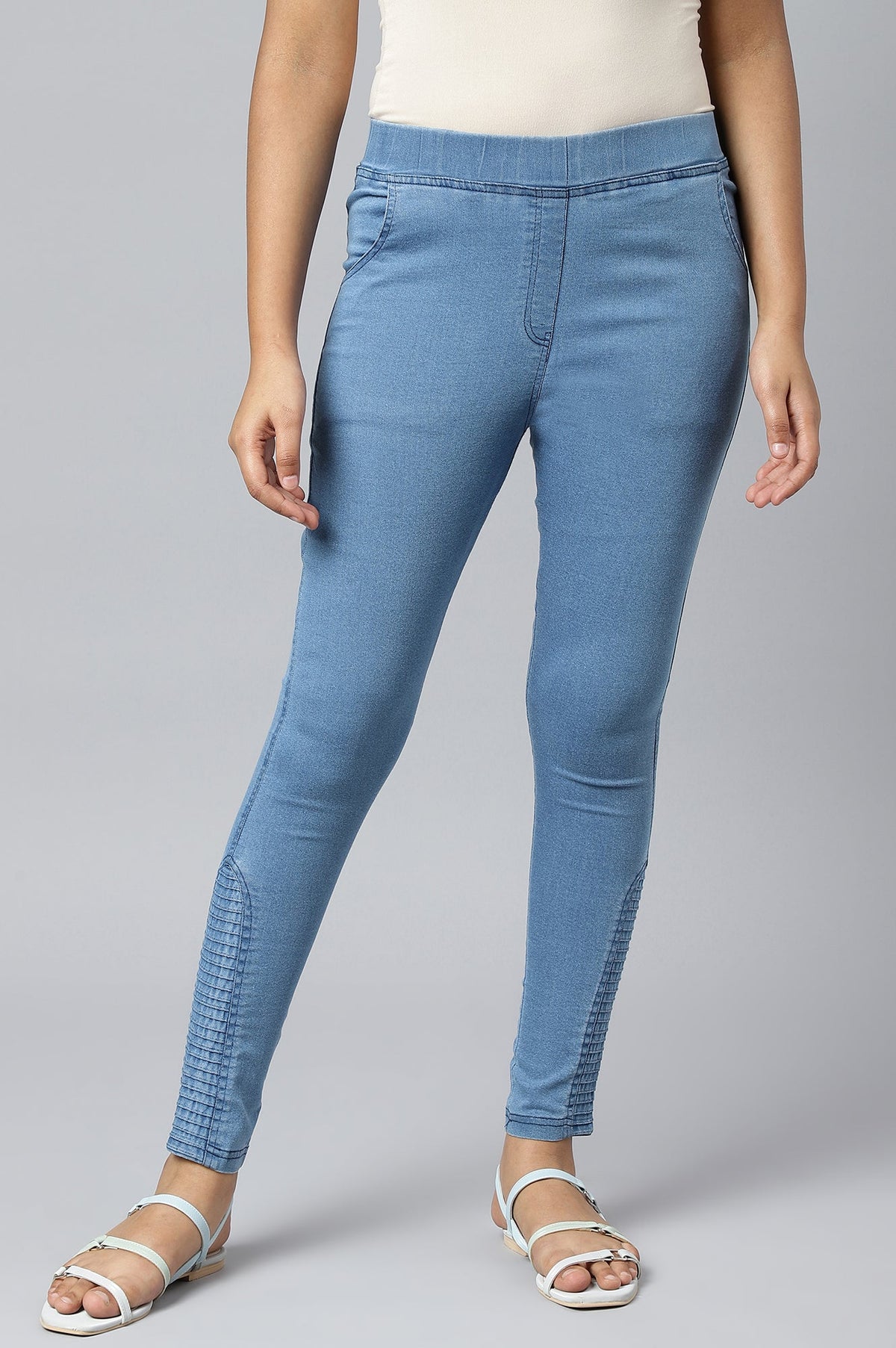Ice Blue Solid Skinny Fit Denim Jeggings with Pintucks - XS