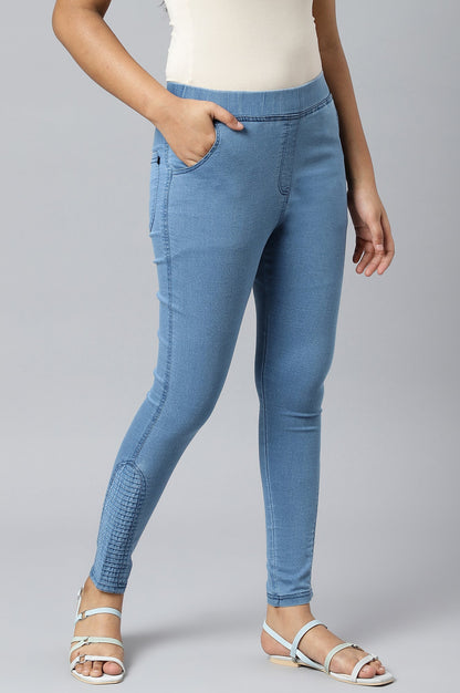 Ice Blue Solid Skinny Fit Denim Jeggings with Pintucks
