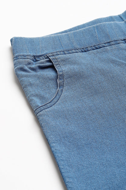 Ice Blue Solid Skinny Fit Denim Jeggings with Pintucks