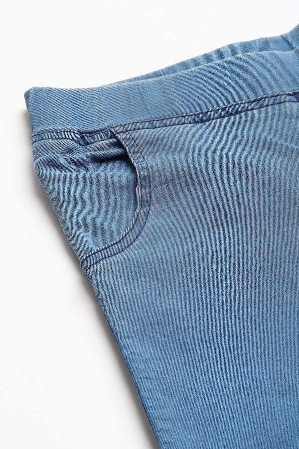 Ice Blue Solid Skinny Fit Denim Jeggings with Pintucks