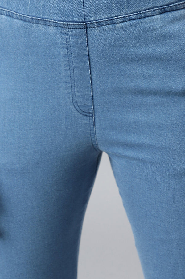 Ice Blue Solid Skinny Fit Denim Jeggings with Pintucks