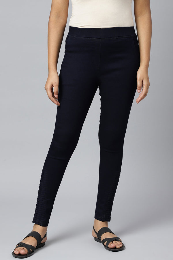Navy Blue Solid Skinny Fit Denim Jeggings With Pintucks