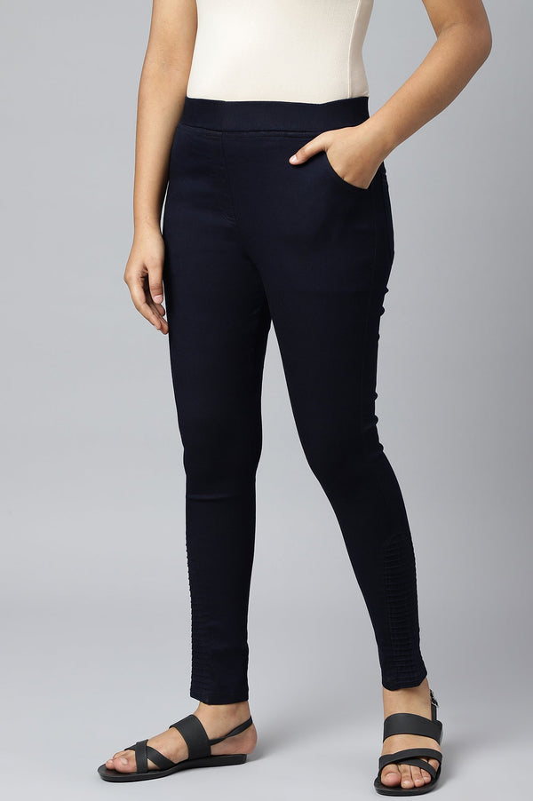 Elleven Women's Navy Blue Solid Skinny Fit Denim Jeggings With Pintucks