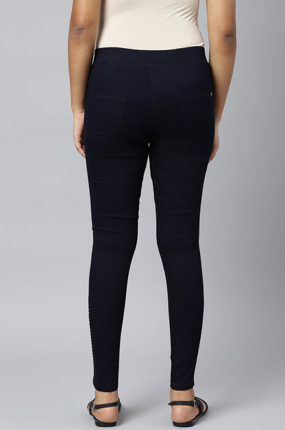 Navy Blue Solid Skinny Fit Denim Jeggings With Pintucks