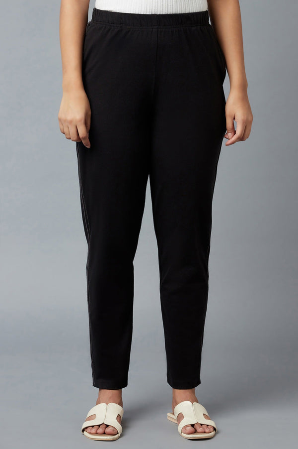 Elleven Women's Black Solid Straight Fit Cotton Pants With Elasticated Waist