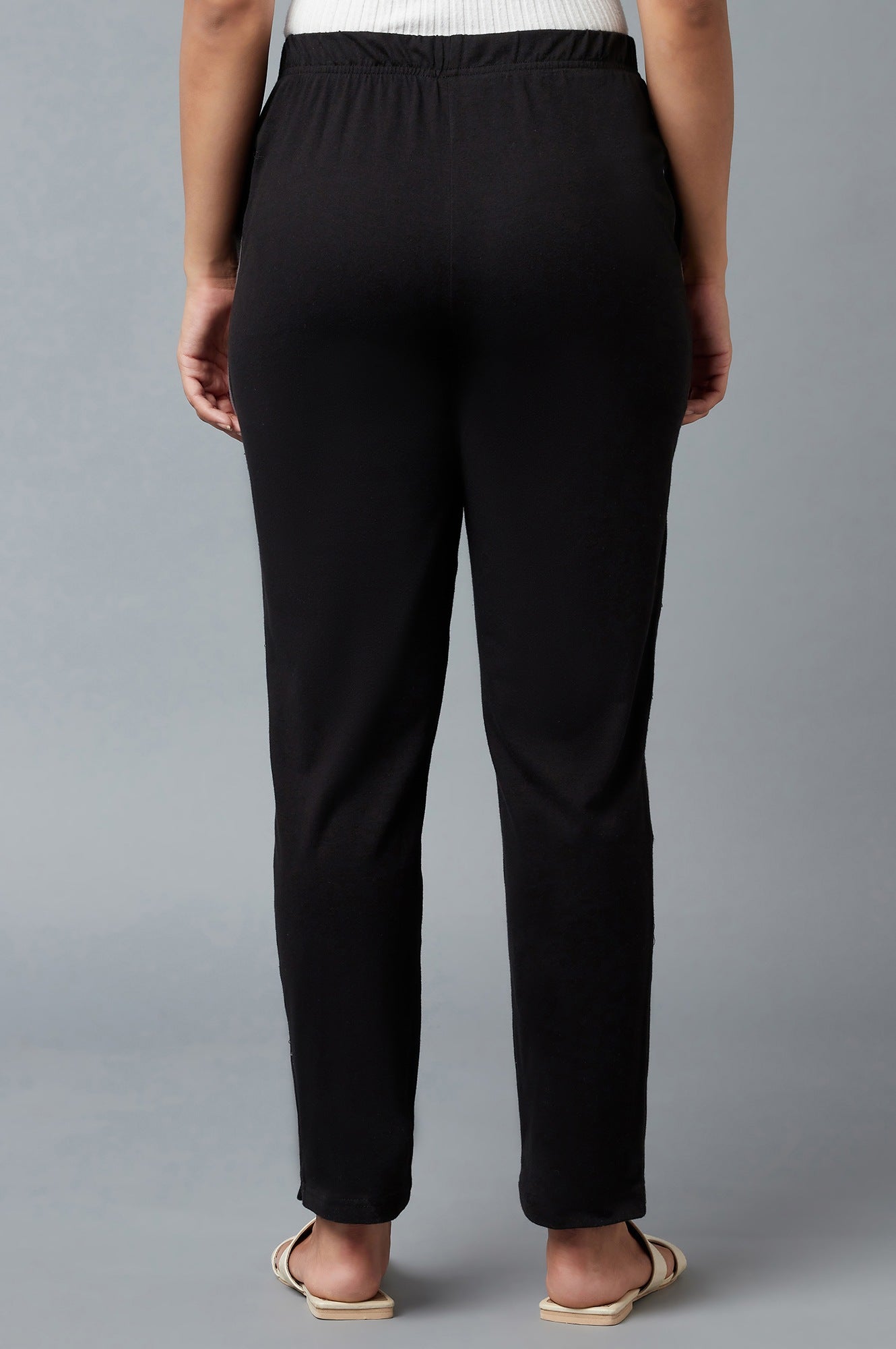 Black Solid Straight Fit Cotton Pants With Elasticated Waist