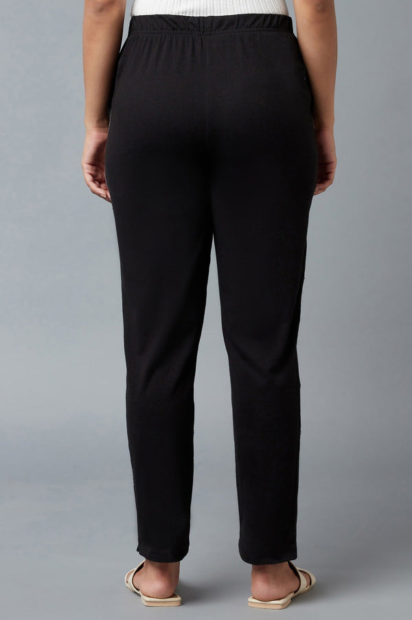 Elleven Women's Black Solid Straight Fit Cotton Pants With Elasticated Waist