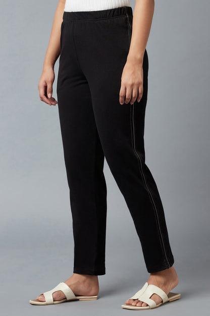 Black Solid Straight Fit Cotton Pants With Elasticated Waist