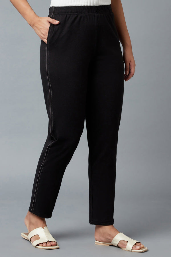 Elleven Women's Black Solid Straight Fit Cotton Pants With Elasticated Waist