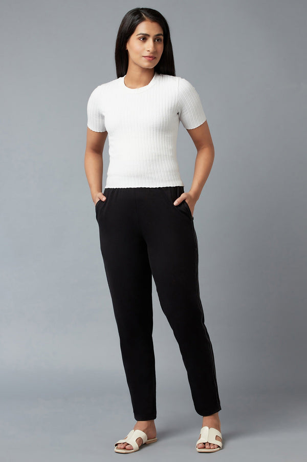 Elleven Women's Black Solid Straight Fit Cotton Pants With Elasticated Waist