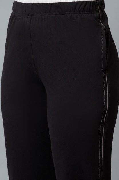 Black Solid Straight Fit Cotton Pants With Elasticated Waist