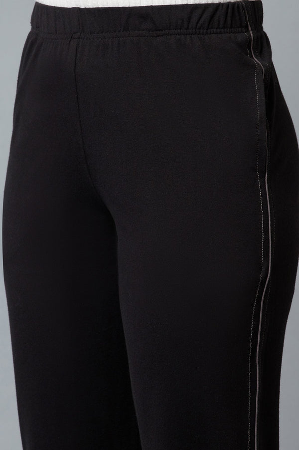 Elleven Women's Black Solid Straight Fit Cotton Pants With Elasticated Waist