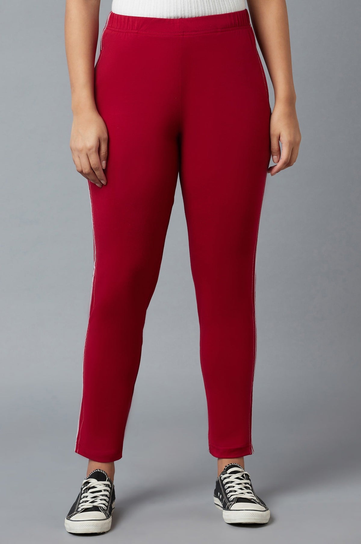 Red Solid Straight-fit Cotton Pants with Elasticated Waistband - XS