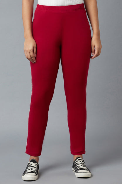 Red Solid Straight-fit Cotton Pants with Elasticated Waistband