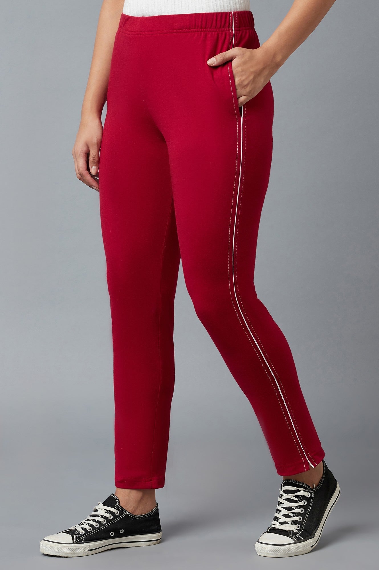 Red Solid Straight-fit Cotton Pants with Elasticated Waistband
