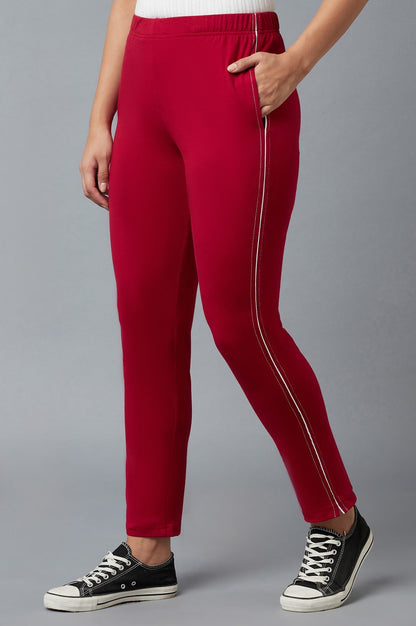 Red Solid Straight-fit Cotton Pants with Elasticated Waistband
