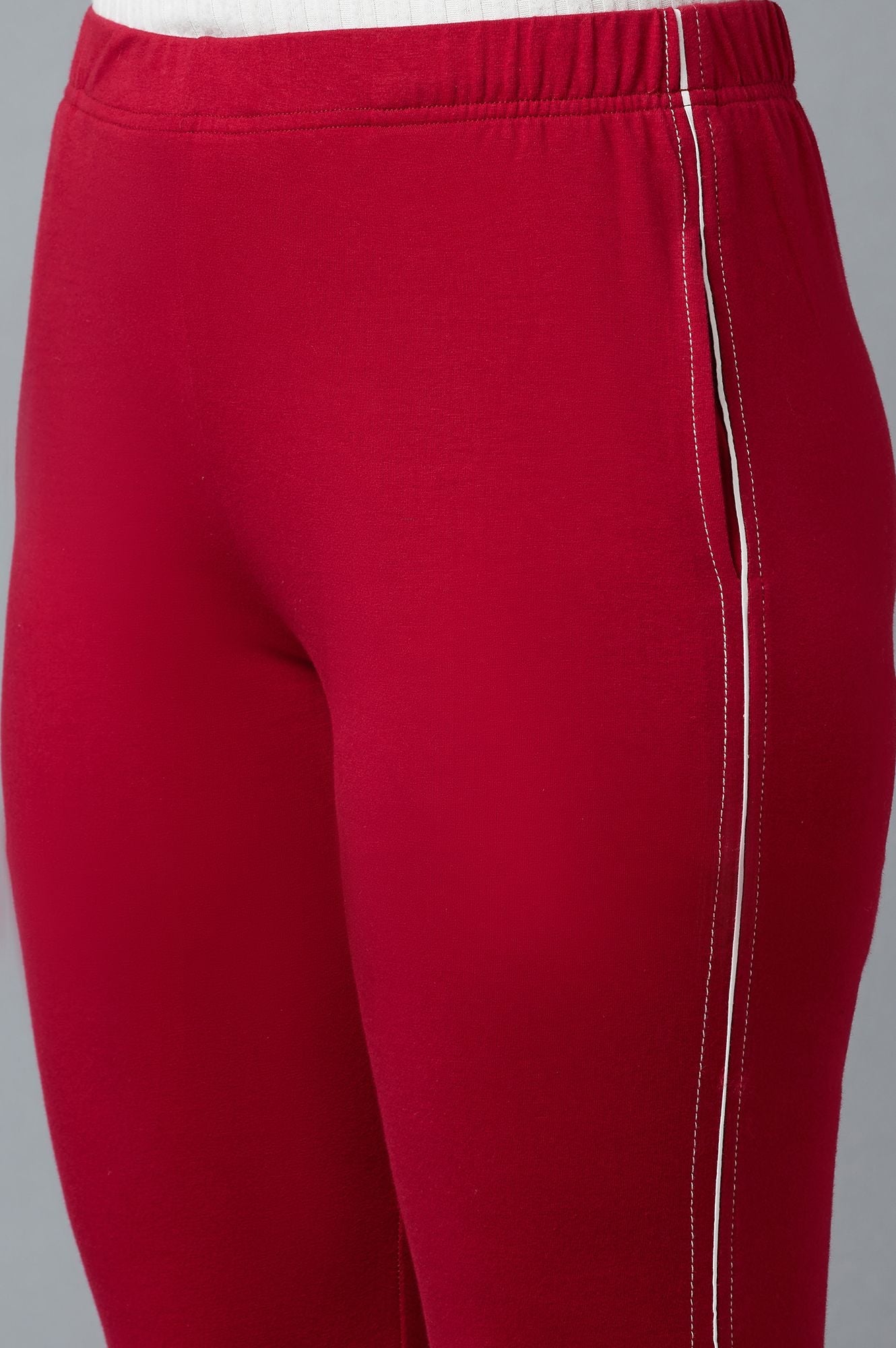 Red Solid Straight-fit Cotton Pants with Elasticated Waistband