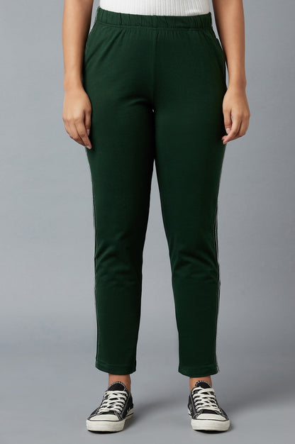 Dark Green Solid Straight Fit Cotton Pants With Elasticated Waistband