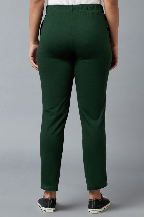 Dark Green Solid Straight Fit Cotton Pants With Elasticated Waistband