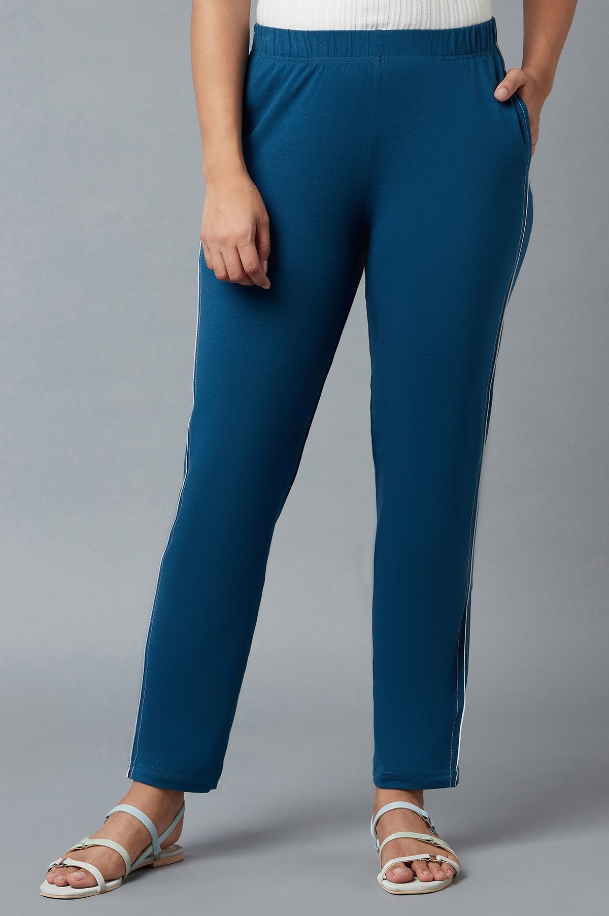 Elleven Women's Blue Solid Straight Fit Cotton Pants With Elasticated Waistband