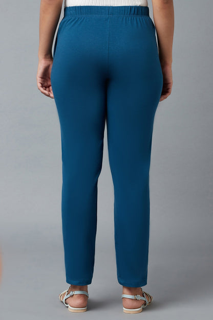 Blue Solid Straight Fit Cotton Pants With Elasticated Waistband
