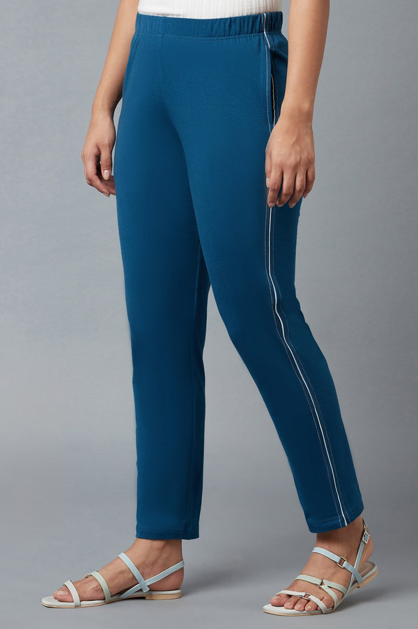 Blue Solid Straight Fit Cotton Pants With Elasticated Waistband