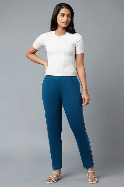 Blue Solid Straight Fit Cotton Pants With Elasticated Waistband