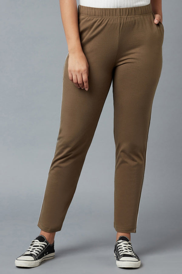 Brown Solid Straight-fit Cotton Pants with Elasticated Waist