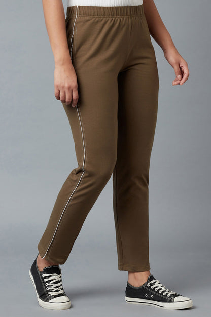 Brown Solid Straight-fit Cotton Pants with Elasticated Waist