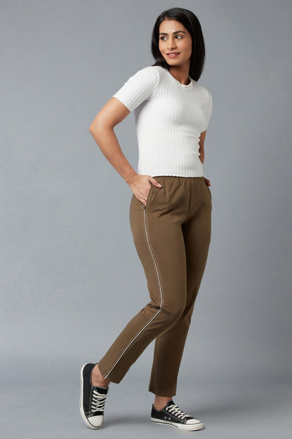 Brown Solid Straight-fit Cotton Pants with Elasticated Waist